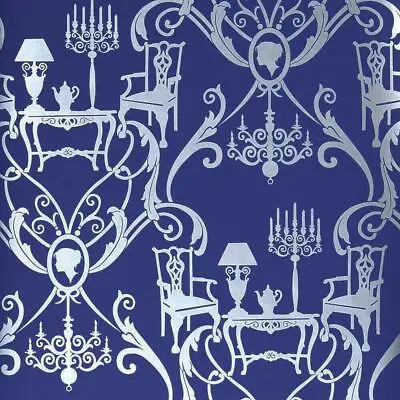Damasquerade Blue Navy Silver Wallpaper Dining Room Metallic Damask Candle • £8.49