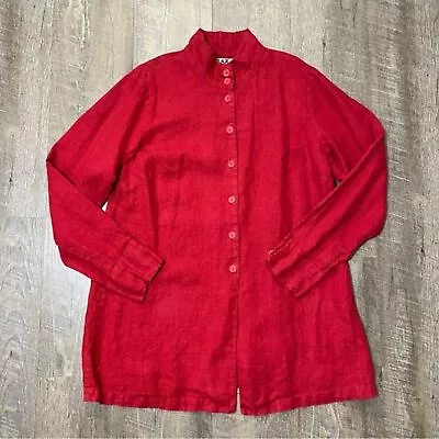 Flax Red 100% Linen Button Down Tunic Top Womens Mao Collar Lagenlook Size Small • $28