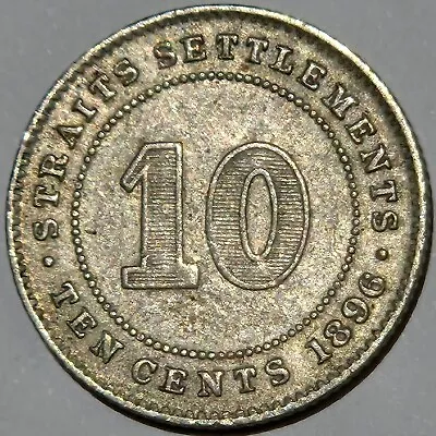 1896 British Straits Settlements Victoria Silver 10 Cents Km-11 Toned High Grade • $0.99