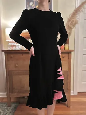 Vintage Oscar De La Renta Womens Black Velvet Pink Ruffle Flamenco Dress Size 8 • $225