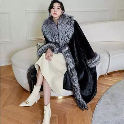 Luxury Womens Whole Mink Fur Jacket Fox Fur Collar Winter Warm Parkas Overcoat  • $115.89