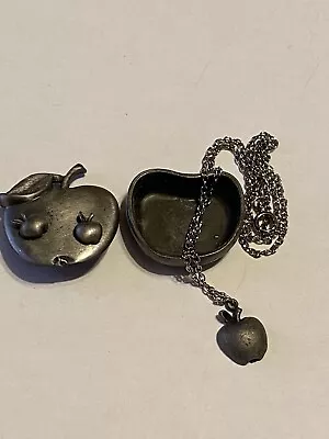 Vintage APPLE Brooch Pin Necklace Earrings & Jewelry Box KIDS SET Pewter TORINO • $15