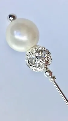 £6.50 • Buy Cream Pearl Vintage Antique Silver Style Hat Pin 5  With Pin Protector**