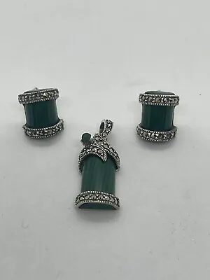 Art Deco Sterling Silver Marcasite Malachite Earrings & Pendant • $30