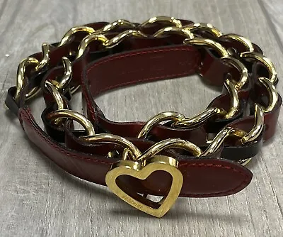 MOSCHINO Redwell Woven Leather Gold Link Belt 1990s Italy Heart Buckle 44 EUC • $95