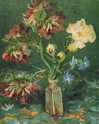 Van Gogh - Small Bottle With Peonies And Blue Delphiniums - Canvas Oil Painting • $150