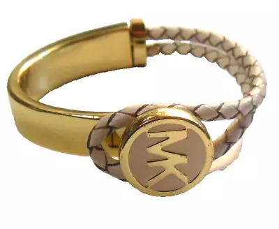 MK Medallion Bracelet Half Gold-tone & Half Cream Colored Braided Leather • $35