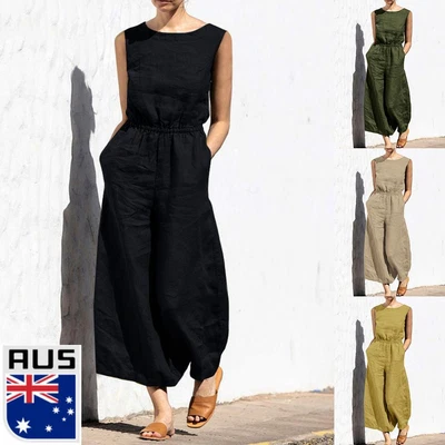 $28.49 • Buy Womens Cotton Linen Sleeveless Jumpsuit Pockets Casual Wide Leg Pants Romper AU