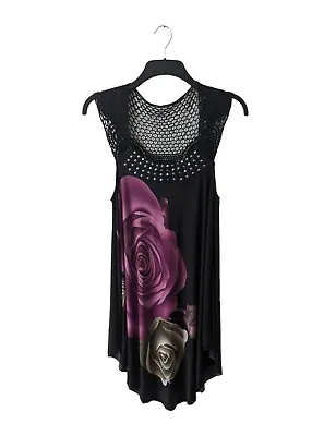 Y2k Ladies Black Sleeveless Dress Size 10 Floral Design And Lace Back VGC • £4.99