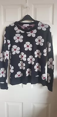 Cameo Rose Black Jumper With Flower Pattern - Size Large (UK 16-18) - Made In UK • £2.75