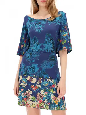 Desigual Size L Brenda Dress Blue Floral Jersey Open Back Butterfly Sleeves • $38