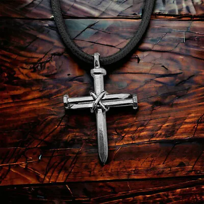 3 Nail Cross Pendant Dark Metal Finish (Lc87-gm) Black Cord Necklace • $12.99