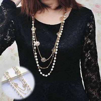 Necklace Long Multi Row Gold Tone 3 Sweater Chain Layer Faux Peal Camelia • £4.92