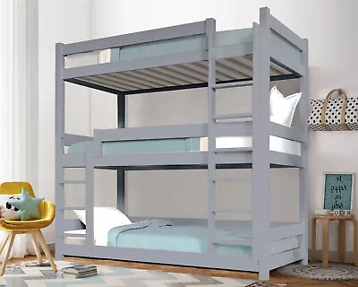 Triple Bunk Beds High Sleeper Kids Children Pine Wooden Bed Frame With Stairs • £299.95