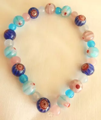 Murano Glass Ladies Bracelet Millefiori Glass Beads Stretchable Blues Pinks 7  • £8.45