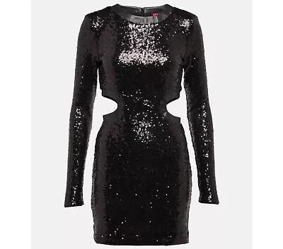 Staud Women Mini Dress Dolce Long Sleeve Allover Sequin Cut-Out Zipper Black New • $80