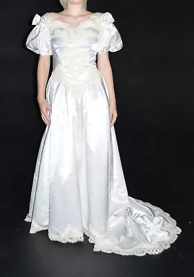 Unbranded Vintage 80s White Satin Alencon Lace Beaded Wedding Dress W/ Train 8 • $256.90