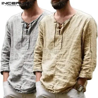 Men's Cotton Tops Long Sleeve T Shirt Loose Hippie V-Neck Party Shirts Blouses • $19.94