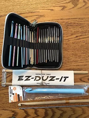 $19.99 • Buy Lot Of 24 Crochet Hooks In Case, Plus Large “Q”, Wooden And Crochet Frame