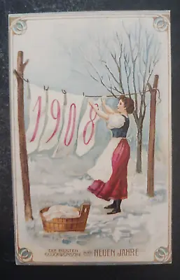1908 Postcard Germany New Year Woman Hanging Laundry Neuen Jahre Facsimile • $6.95