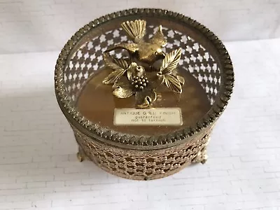 Vintage Ornate Gold Metal & Glass Trinket Box Antique Gold Finish • $22