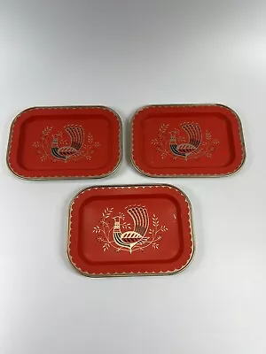 3  Small Tin Drink Snack Trays Vintage 7x5 Rooster 60’s Red Metal • $8.99