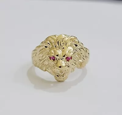 Mens Ring Lion Head REAL 10k Yellow Gold Roaring Lion With Red Eye  10kt Solid • $405.95