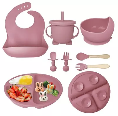 8pcs BABY FEEDING SET - SILICON SUCTION BOWL PLATE BIB CUP SPOON FORK WEANING • £14.95