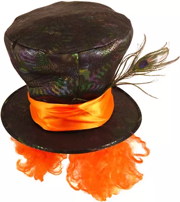 £8.99 • Buy Mad Hatter Top Hat With Orange Hair & A Feather- Alice In Wonderland Fancy Dress