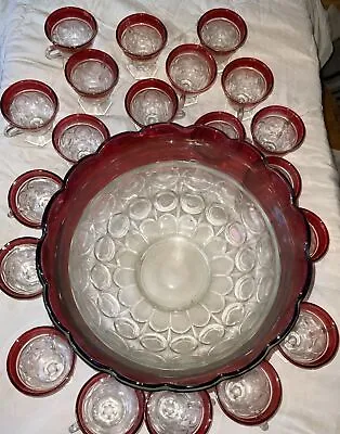 Vintage Indiana Glass Lexington Thumbprint Ruby Punch Bowl And 20 Cups Mugs Red • $90