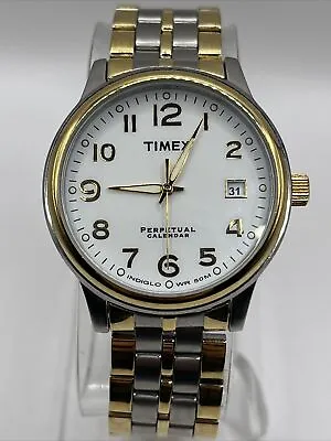 Timex Perpetual Calendar Men's Quartz Watch Indiglo Two Tone T2C061- New Battery • $41.65