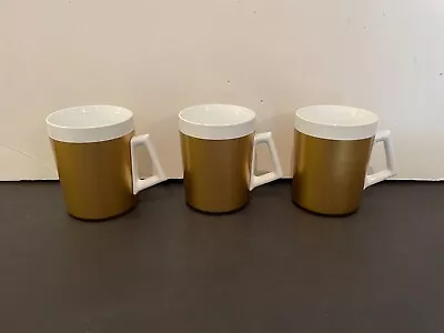 Three (3) Vintage West Bend Thermo Serv Insulated Coffee Cups Mugs Gold & White • $17.99