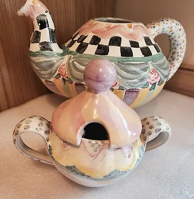 Mackenzie Childs Ceramic Teapot (NO LID) 2001 & Sugar Bowl • $155