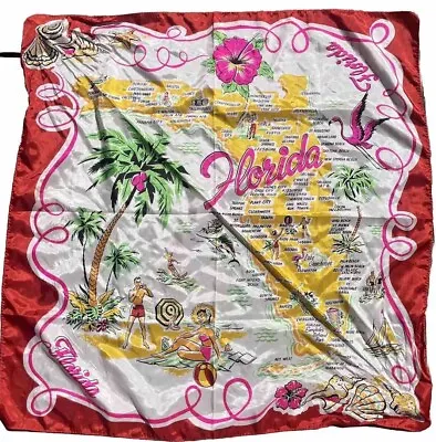 Vintage Retro Colorful Florida Map Cities Palm Trees Souvenir Scarf 28” Square🌴 • $34.99