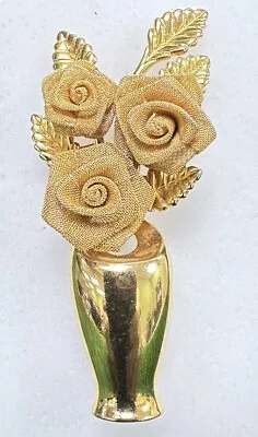 Vintage Gold Tone Mesh Bouquet Of Roses In A Flower Vase Brooch  Pin Nice • $15.96