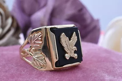 Black Onyx Eagle & Grape Leaf Accented 10k Black Hills Gold Mens Ring • $550