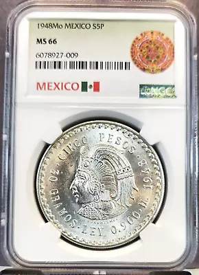 1948 Mexico Silver 5 Pesos S5p Cuauhtemoc Ngc Ms 66 Beautiful Gem Bu Coin • $149.95