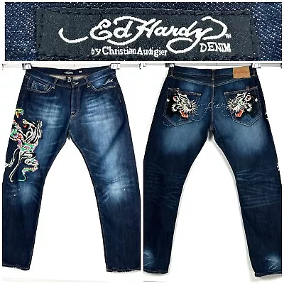 Vintage Ed Hardy Lot 2008 Japanese Tiger  Sneak Embroidered Jeans Sz 38x32 Blue • $245