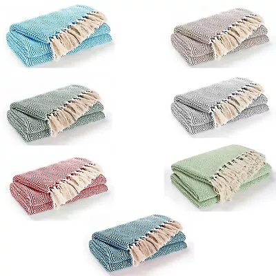 Luxury Reversible Super Soft Cotton Diamond Lrg Throw For Sofa Bed 150 X 200cm • £16.99