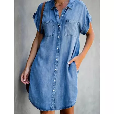 Casual Loose Long Womens Denim DressShirt Dresses Blouse Sleeve Tops Mini NEW • £11.97