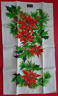 Vintage All Linen CHRISTMAS TABLE RUNNER Red Poinsettias 28  X 16  • $15.99