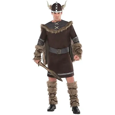 Adults Deluxe Barbarian Viking + Hat Costume Mens Warrior Fancy Dress Outfit • £49.99