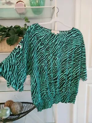 Michael Kors 80s Style Flouncy Zebra Print Green Banded Waist Blouse Size Large • $4.10