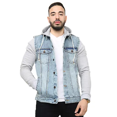 Mens Denim Jacket Fleece Sleeves & Detachable Hood Trucker Classic Jean Coat • £22.99