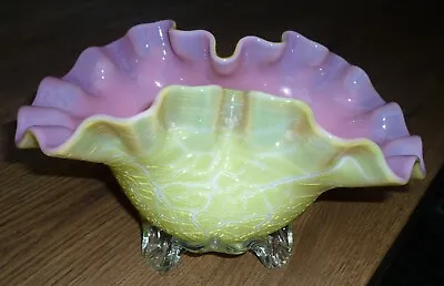 Antique Czech Bohemian Kralik Bowl Crackle Outer With Pink Vaseline Opalescent • £49.99