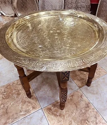 Vintage Rare Moroccan Traditional Brass Tray Top Round Carved Wood 27’’ • $499.99