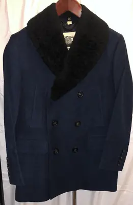50 US 40 Or M  BURBERRY PRORSUM Navy Blue Men Wool Pea Coat Shearling Collar • $460.75
