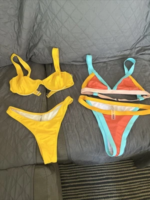 $7.99 • Buy Lot Of 2 Bikinis, Yellow Zaful Size 4 Small, Retro Coral Light Blue Shein Size M