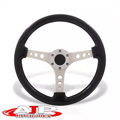 6-Bolt Black Wood Silver Aluminum Deep Steering Wheel + Horn Universal 350mm 14  • $54.99