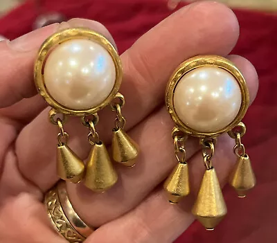 Maxine Denker Gold-Tone Pearl Earrings Dangle • $45